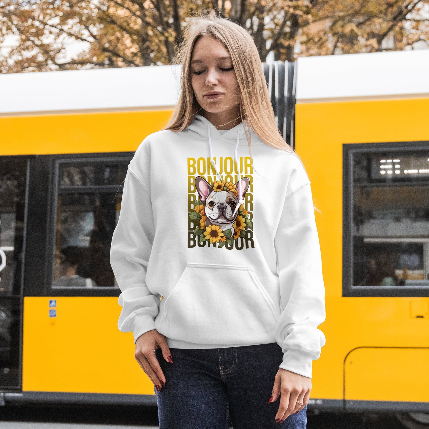 French Bulldog Sunflower Hoodie – Cute Bonjour Frenchie Pullover for Dog Lovers, Cozy Floral Gift for Her