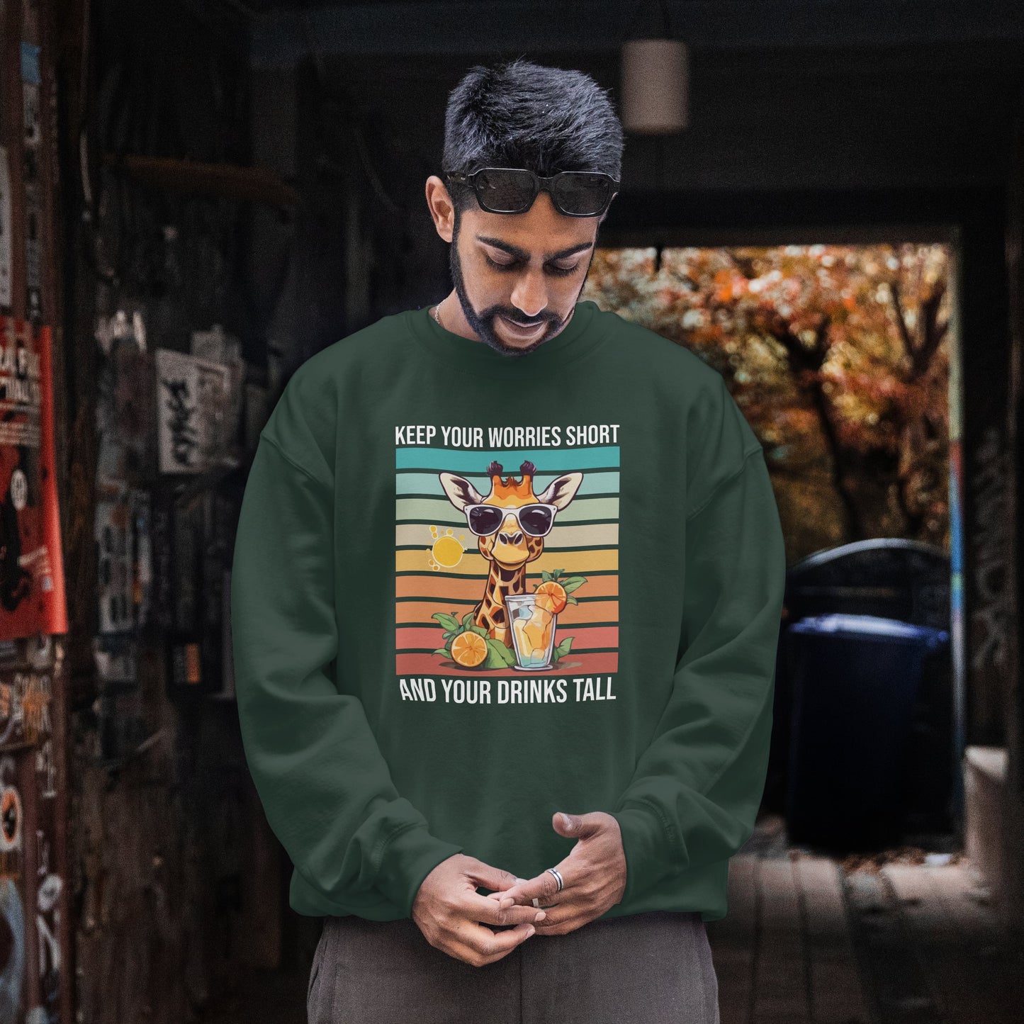 “Keep Your Worries Short & Your Drinks Tall” Giraffe Sweatshirt – Funny Summer Animal Graphic, Citrus Spritz Vibes for Bold Animal Lovers