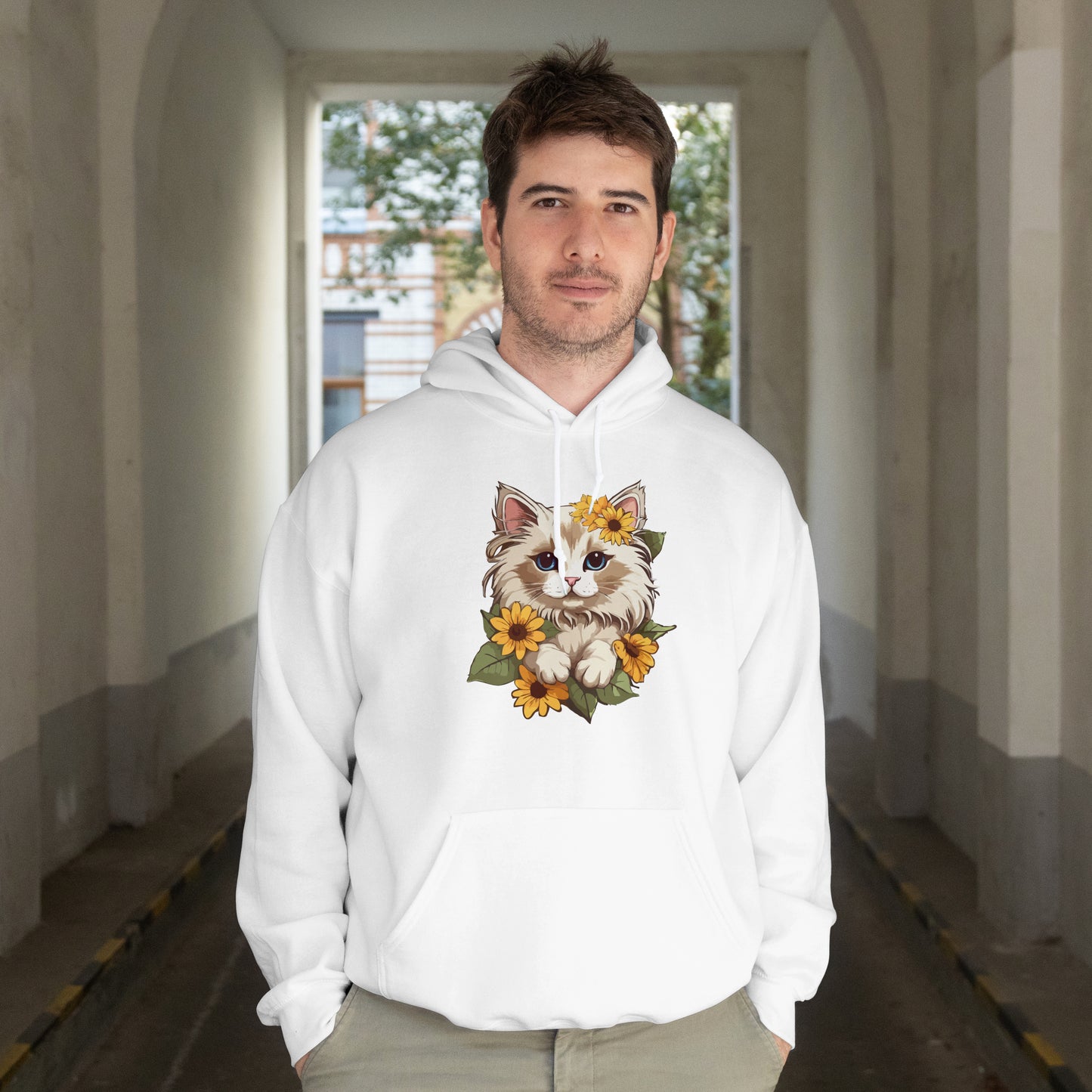 Cute Cat Floral Hoodie, Cozy Cat Lover Gift, Spring Apparel, Sunflower Design, Animal Lover Clothing